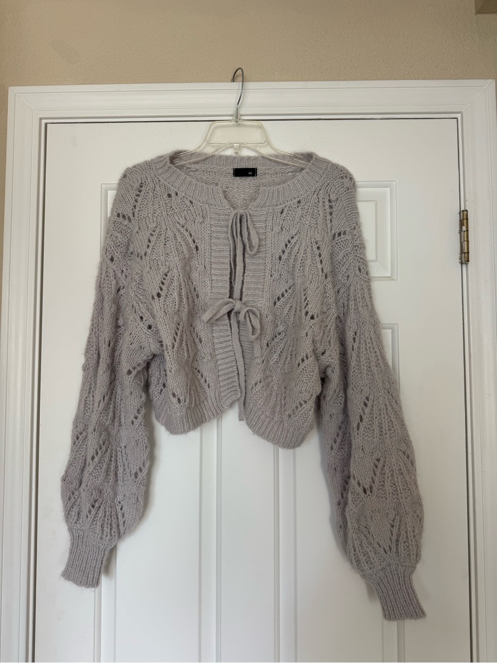 Grey Tie Front Cardigan with Bubble Sleeves